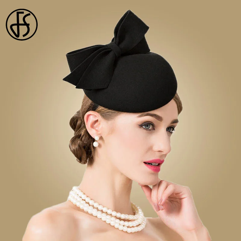 

FS Fascinator For Women Elegant Black Wool Pillbox Hat Felt Wedding Vintage Lady Fedoras Party Church Derby Chapeau Pour Mariage