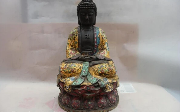 

song voge gem S1396 China Buddhism Bronze Copper Cloisonne Enamel Tathagata Sakyamuni Buddha Statue