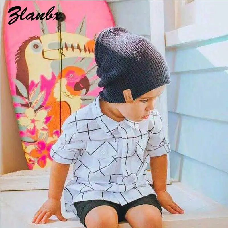 

Winter Beanie For Kids Knitted Hat Two Vertical Labeling Head Cap Boy Girls Crochet Elasticity Knit Hats Children Solid Soft Cap