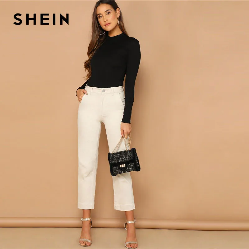  SHEIN Spring Lady Black Solid Form Slim Fit Tee Women Highstreet Stand Collar Mock Neck Casual Long
