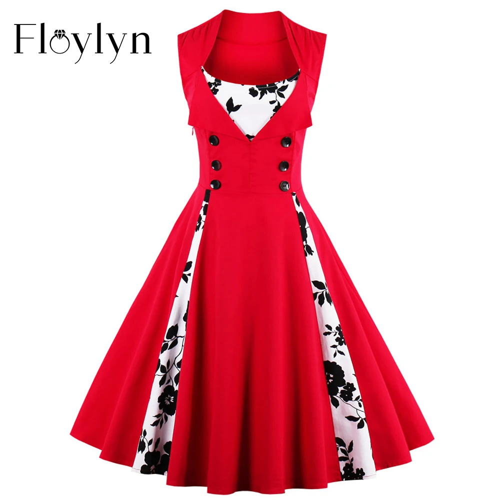 Floyln Elegant Buttons Dress Women Vintage 50s 60s Style Dresses S 4XL