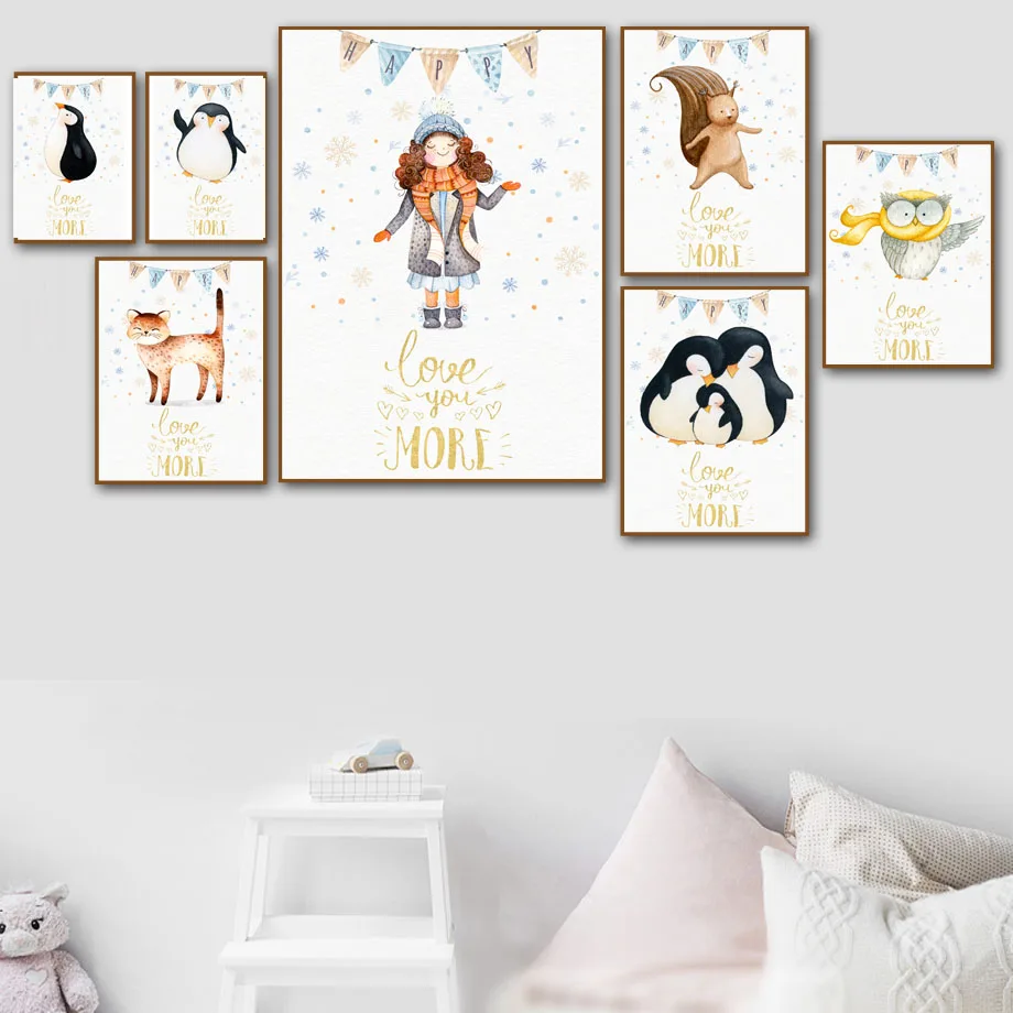 

Watercolor Cartoon Girl Owl Squirrel Penguin Cat Nordic Posters And Prints Wall Art Canvas Painting Wall Picture Kids Room Decor