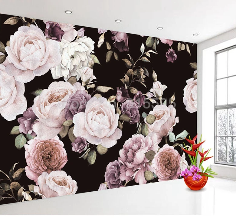 На заказ 3D фотообои настенная бумага ручная роспись Черный Белый Розовый пион цветок настенная Фреска гостиная домашний декор живопись