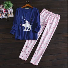 Осенняя Пижама комплекты Для женщин Повседневное мультфильм женский пижамный комплект хлопковый пижамный комплект Laides футболка с длинным рукавом+ Штаны