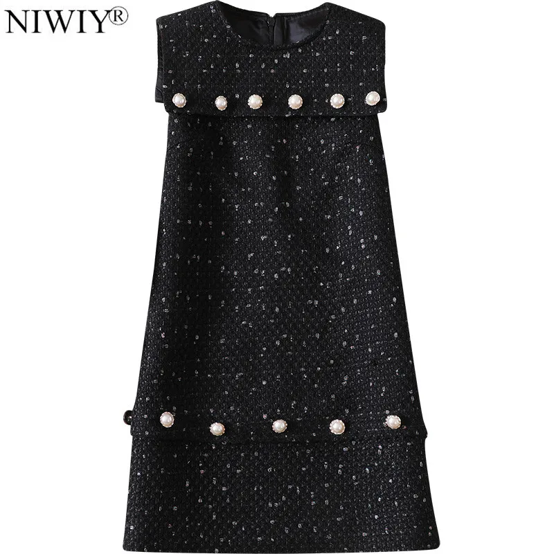 

NIWIY Brand Autumn Black Gothic Dress Vetement Femme 2019 Pearl Buttons Decorative Sleeveless Party Dress Robe Femme N9126