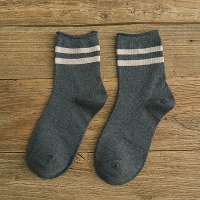 Модные полосатые хлопковые женские носки с двумя полосками, мягкие, приятные для кожи носки,, весна, осень, зима, ворсовые носки, высокое качество - Цвет: grey