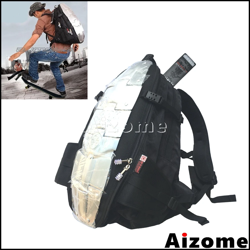 

Motorcycle Biker Backpack Fashion ASMK Shoulder Bag Racing Skateboard Backpack w/ 6 Aluminum Plates Travel Bag