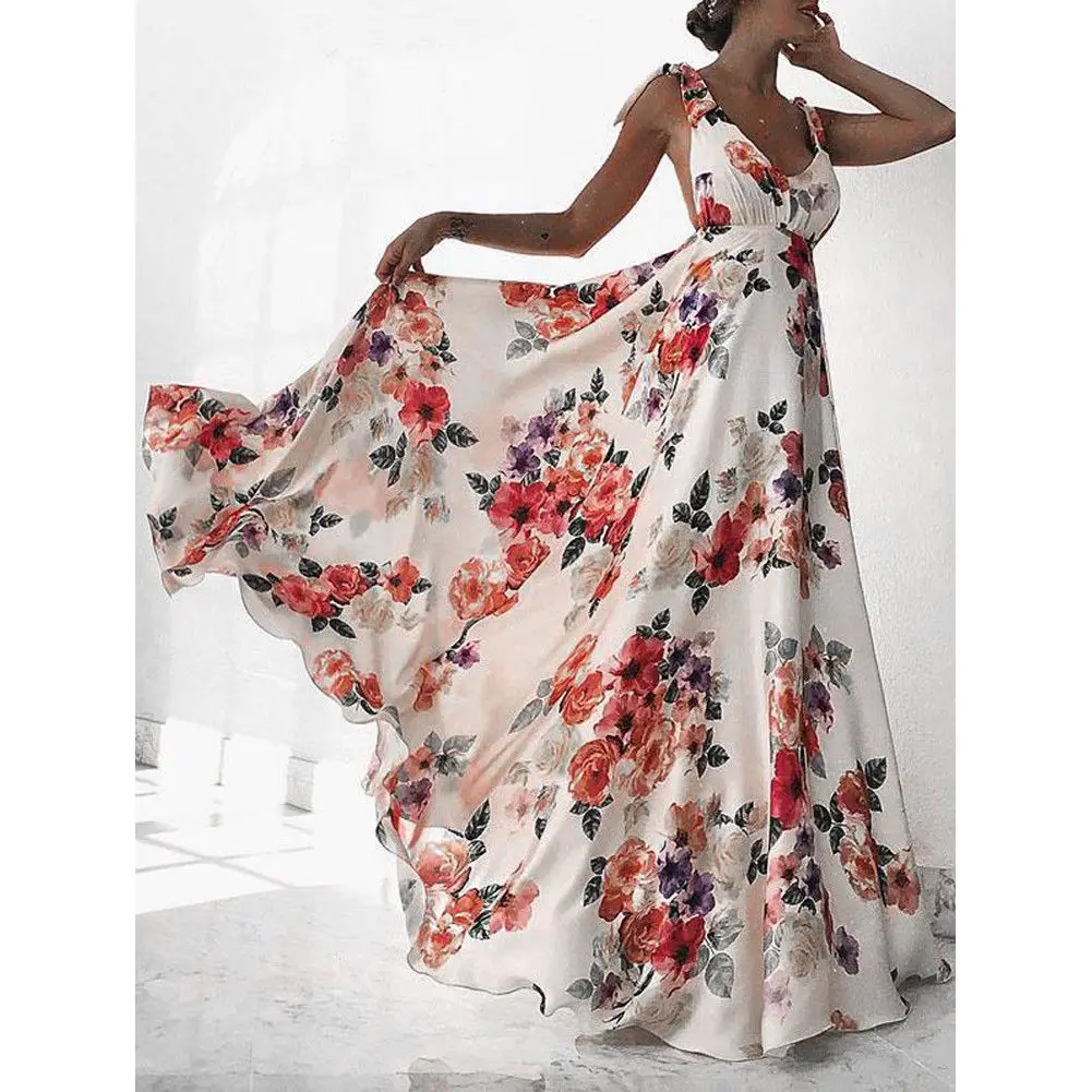 

2018 Latest Style Women's Holiday Sleeveless Ladies Backless Maxi Long Summer Print Beach Dress Size S-XL
