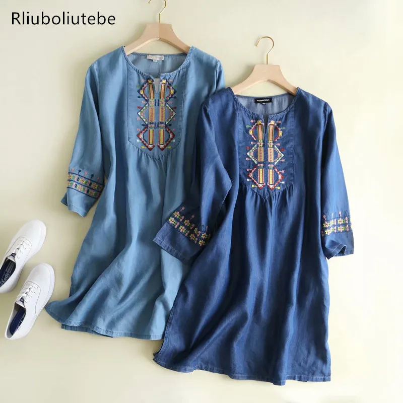 

Embroidered Loose Summer Denim Dress Women Blue Light Blue O Neck Long Sleeve Casual Soft Jeans Dress Spring Vestido Mujer