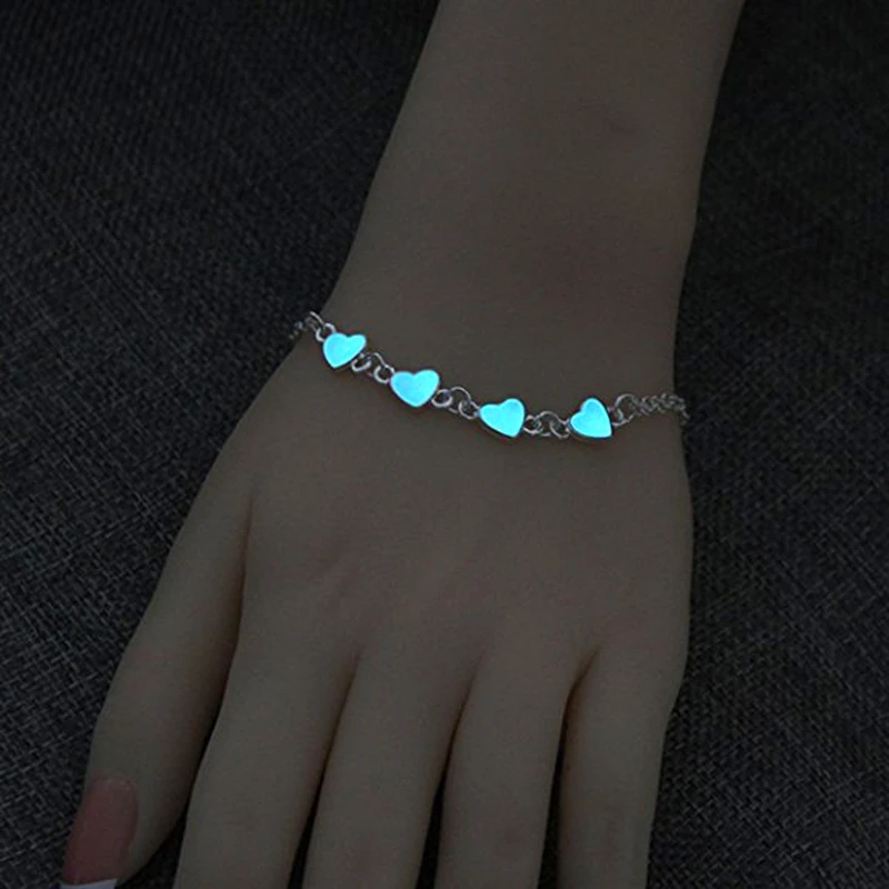 Блестящие аксессуары, светящиеся браслеты в виде сердца, светильник, браслеты на ногу, голубые люминесцентные ювелирные изделия, светящиеся в темноте браслеты для женщин