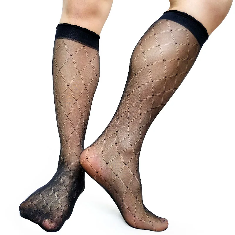 

High quality Mens Softy Nylon Silk Socks Transparent Plaid Sheer Sexy Gay Male Stocking Fetish Collection Tube Hose Stockings