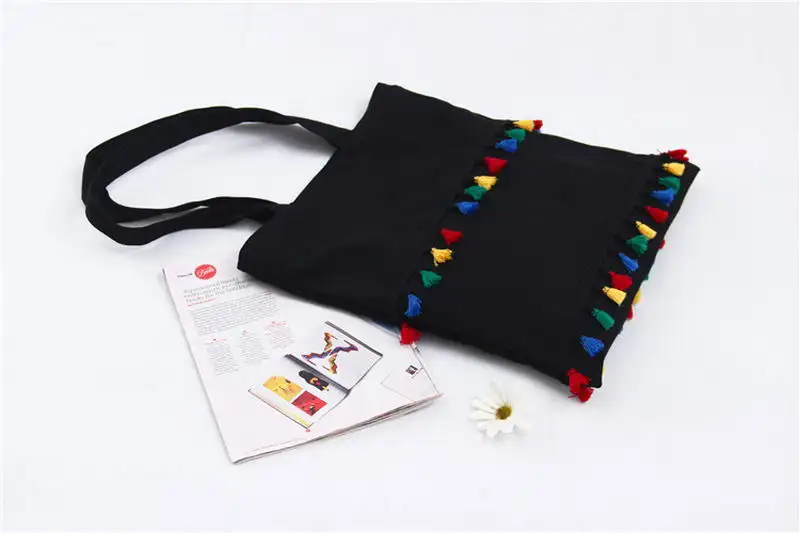 KANDRA 2019 Layered Colorful Tassel Canvas Shopping Tote Bag Women Zipper Durable Shoulder Bag Female Shopping Bags Wholesale