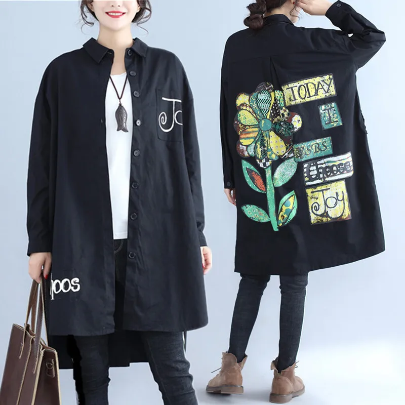 

BIG SIZE 4XL Spring Autumn Women Fashion Pattern Print Tops Ladies Female Plus Large Long Loose Irregular Split Blouse Shirt