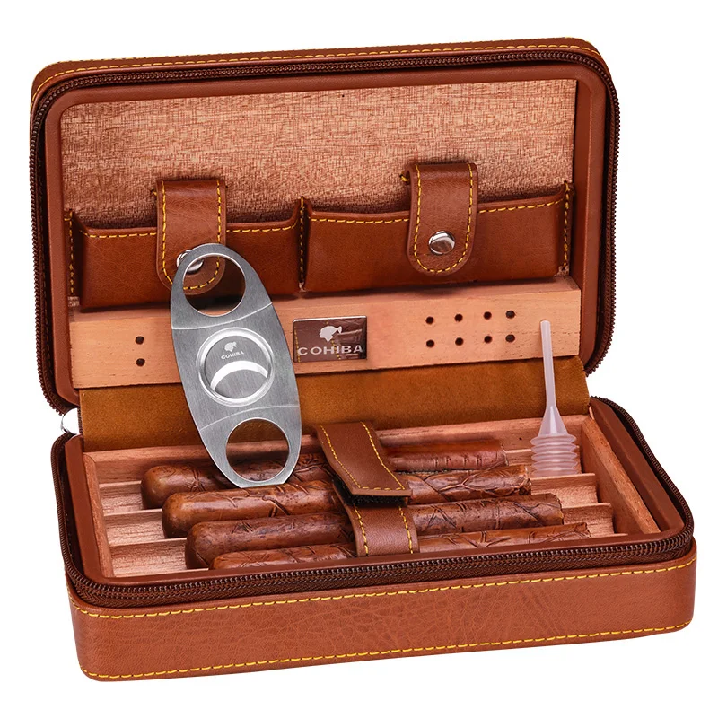 

COHIBA Brown Leather Cedar Travel Cigar Case Humidor With Cutter Set 4 Count