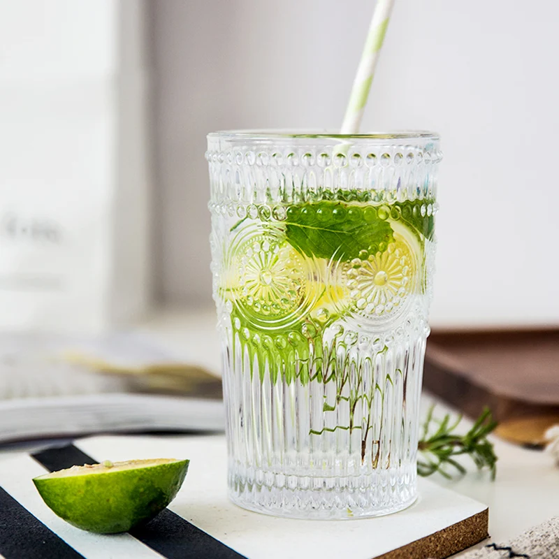 Antique Class Cups Clear Color Fancy Embossed Glass Cups Sunflower Pattern Juice Wine Milk Cup Glassware Drinkware Gift (11)