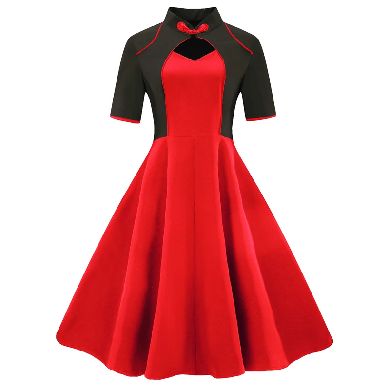 women dress patchwork short sleeve sweetheart red black dress chinese ...