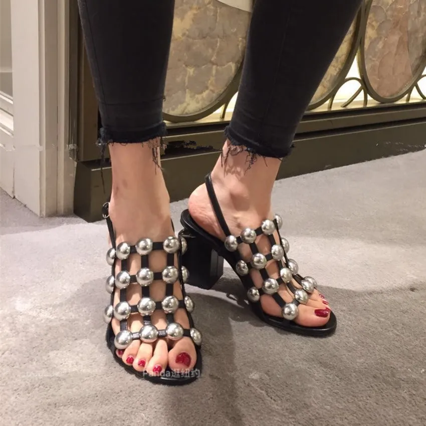 Metal studded leather slingback sandals Chunky High Heels Gladiator