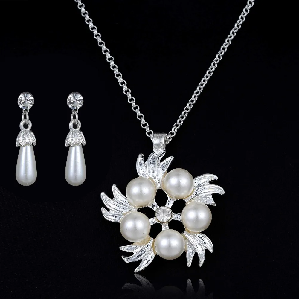 

High Quality Flower Pearl jewelry set Clear Crystal jewelry set Fashion Pearl Jewelry Sets for women wedding