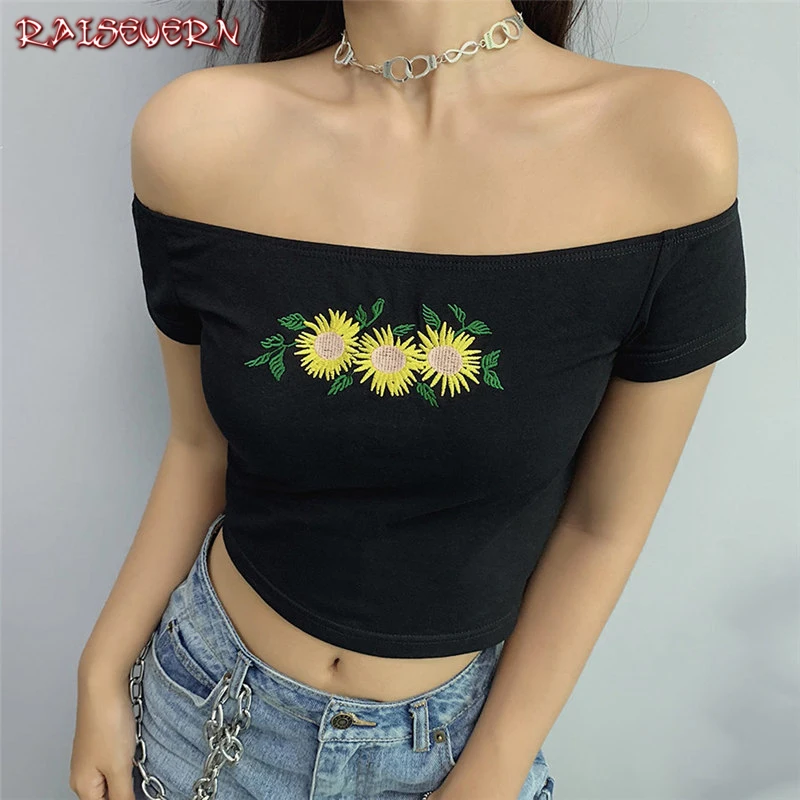 

RAISEVERN Fashion Floral Black Summer T Shirt Short Sleeve Chrysanthemum Crop Tops T-shirts For Women Neon Top Tee Slash Casual