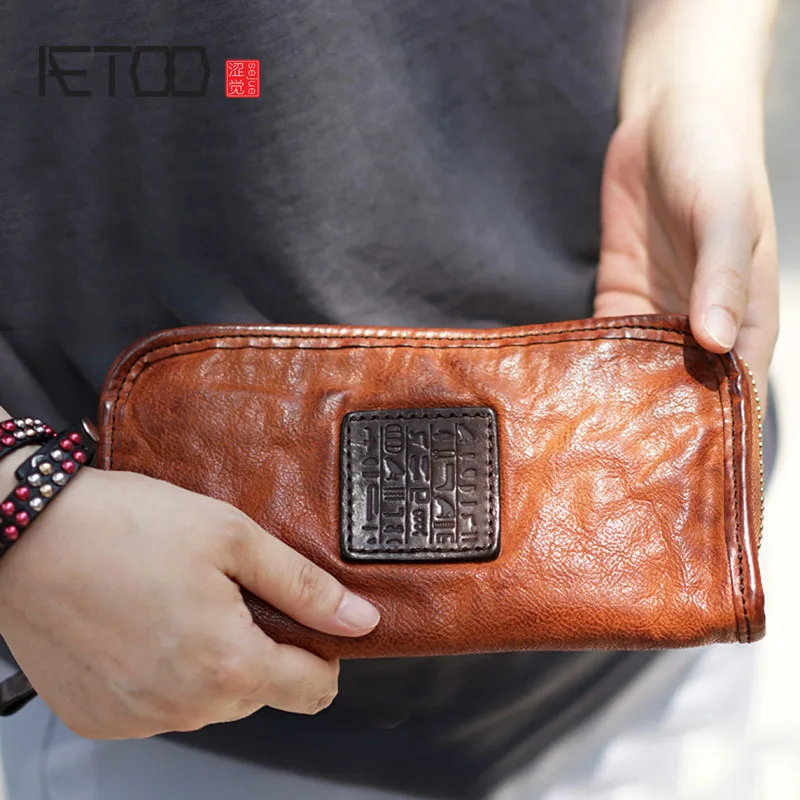 

BJYL Men and women couple retro handmade cowhide leather long wallet wallet old vintage handbag