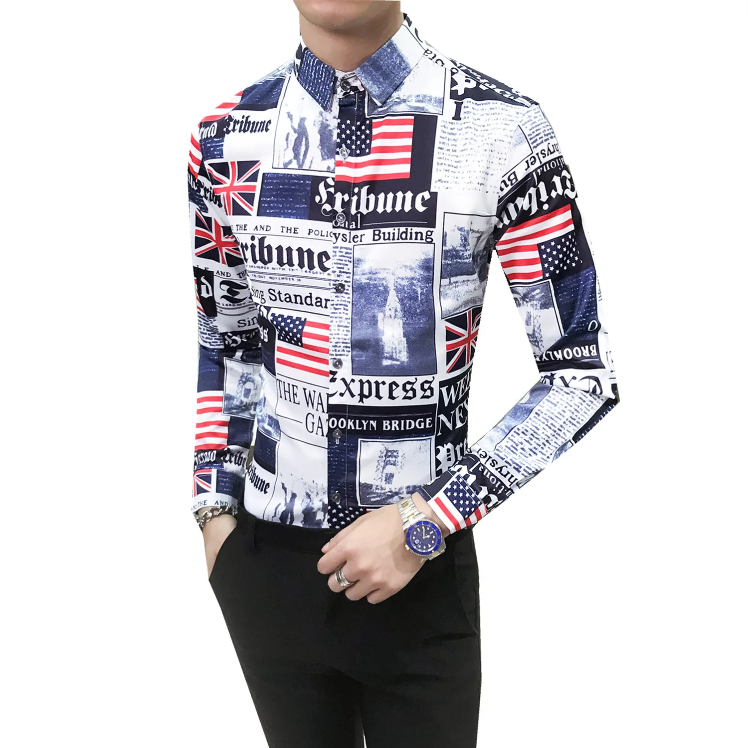 Dress Shirt Chemise Homme Slim Fit Medusa Shirt Men Fashion Newspaper Floral Print Long Sleeve Shirts Man Camisas Hombre