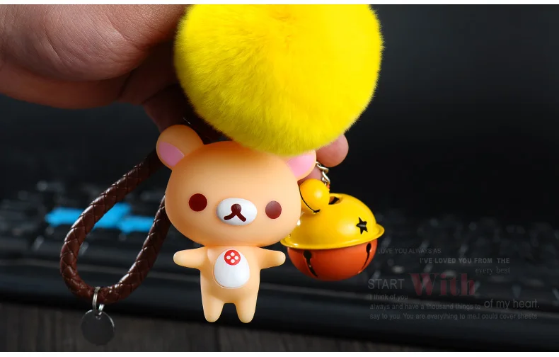 Мультфильм Rilakkuma Медведь коричневый кролик животных мех помпоны брелок для женщин кожа брелок металлические брелки для ключей ключи от машины сумка Подвеска Шарм D92