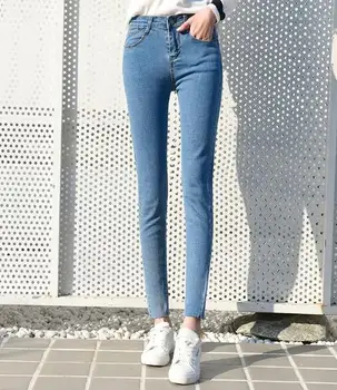 

New 2018 Ladies Slim Jeans High Waist Jeans Ladies Blue Denim Pencil Pants Ladies Jeans Black Pants student pants Calca Feminina