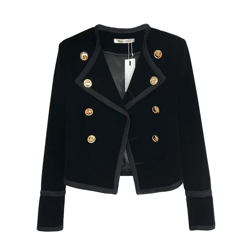 

2018 Autumn Winter Runway Women Notched Collar Short Jacket Coat Double Breasted Suit Female Velvet Black Slim Outwear