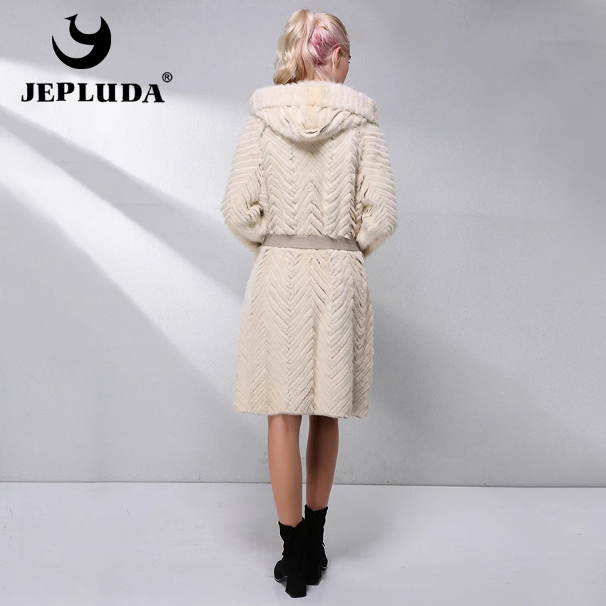 JEPLUDA Норковая Шуба Натуральный Мех с Капюшон Длительный Зимнее Женские Пальто