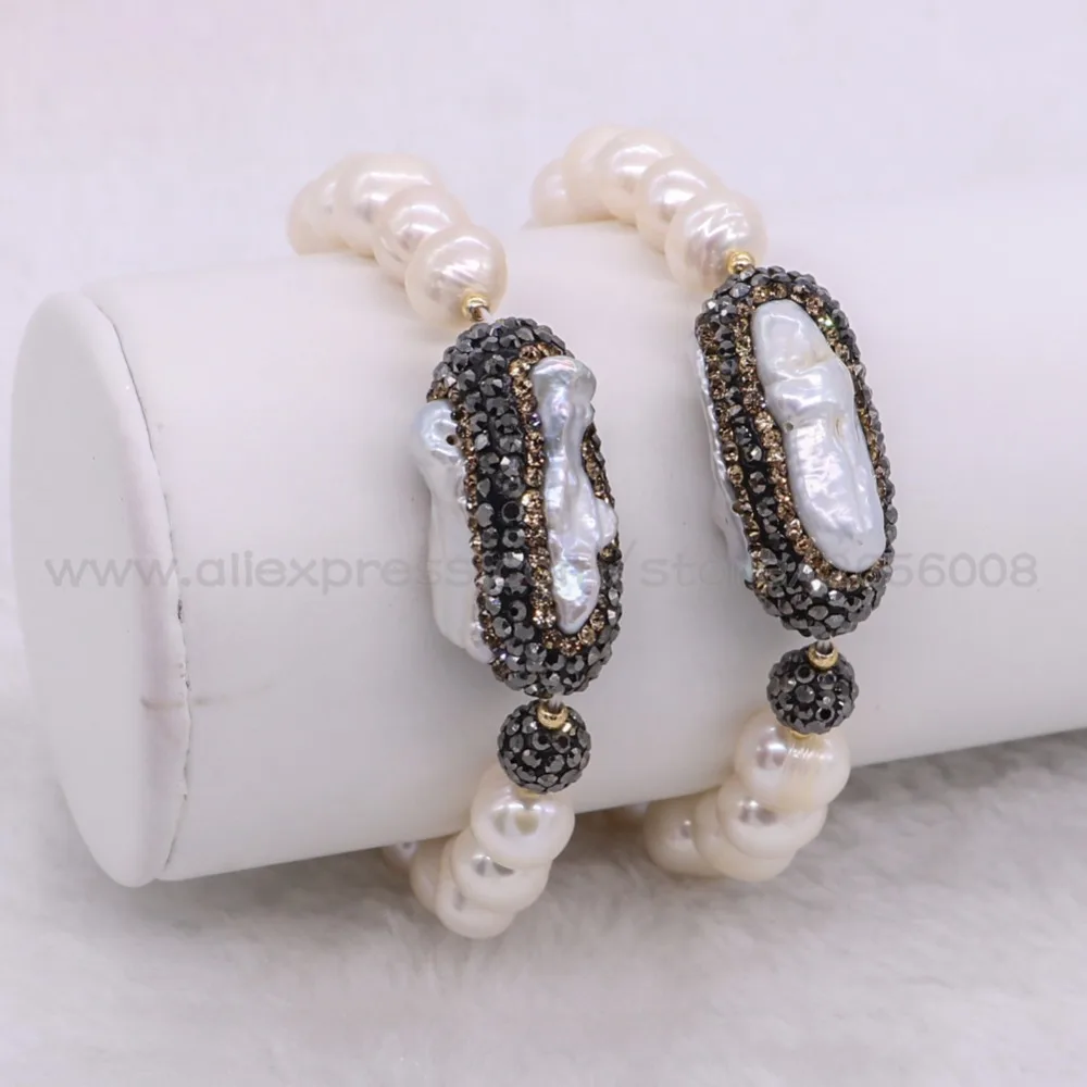 4Pcs Handcrafted Natural pearl bracelets with natural pearl& black CZ