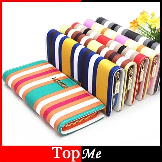 

Fashion Women Zipper Wallets Cards Holder Colorful Strips Lady Purses Moneybags Coin Purse Wristlet Wallet Long Handbags Burse