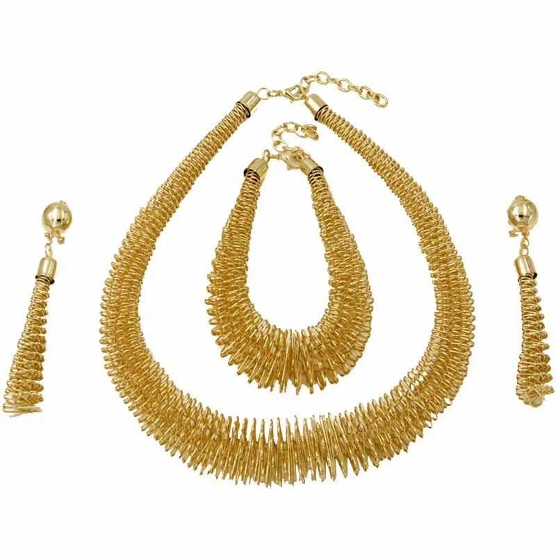 

Liffly Dubai Gold Design 24 Gold Spring Necklace Jewelry Woman Dangle Earrings Charm Bracelet Jewelry African Jewelry Sets