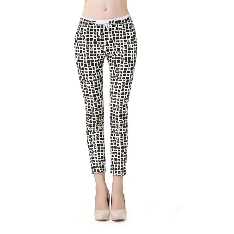 Fashion Large Size Black And White Plaid Women Pants Tight Elastic Band