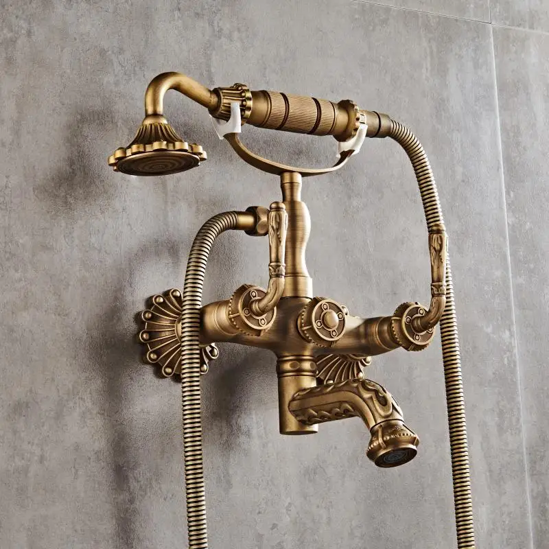 Antique Brass Bathroom Faucet Mixer Tap Wall Mounted Hand Held Shower Head Kit Shower Faucet Sets XT334