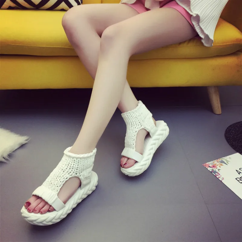 JINBEILEE Women's Cool Boots Hand-knitted Wool Flat with Candy Color Female Sandals Muffin with Casual Shoes