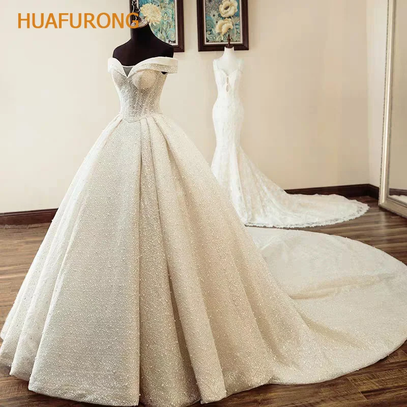 Huafurong с открытыми плечами шампанское Роскошное Свадебное бальное платье For2019 тяжелый корсет украшенный бисером свадебное платье с кружевом до корта поезд