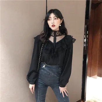 

RUGOD 2019 Lace peter pan collar sexy women tops transparent lantern sleeves sweet instagram style elegant modis spring wearing