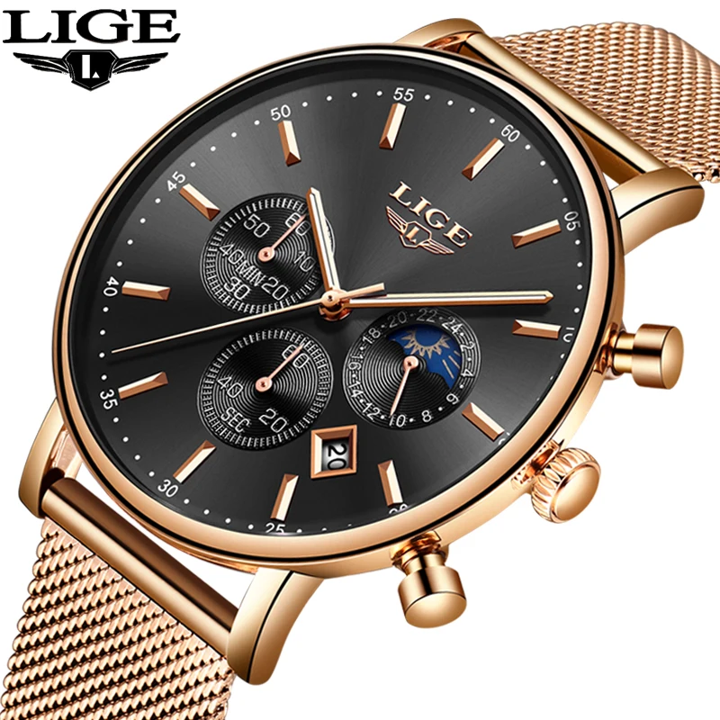 

LIGE New Mens Watches Top Brand Luxury Fashion Ultra Thin Quartz Watch Men Moon Phase Business Clock Calendar Waterproof Watch