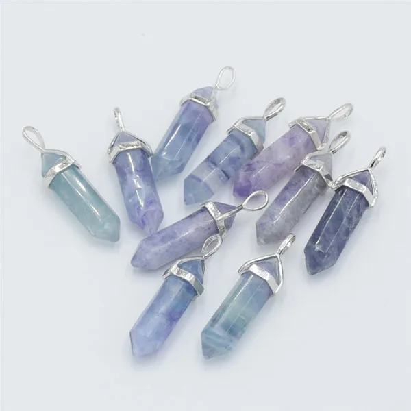 1pc pendant Натуральный драгоценный кварцевый камень пуля Шестиугольная точка ожерелье из флюорита подвеска Маятник Колонка Рейки Исцеление Шарм Чакра Ювелирные изделия - Окраска металла: 1pc pendant