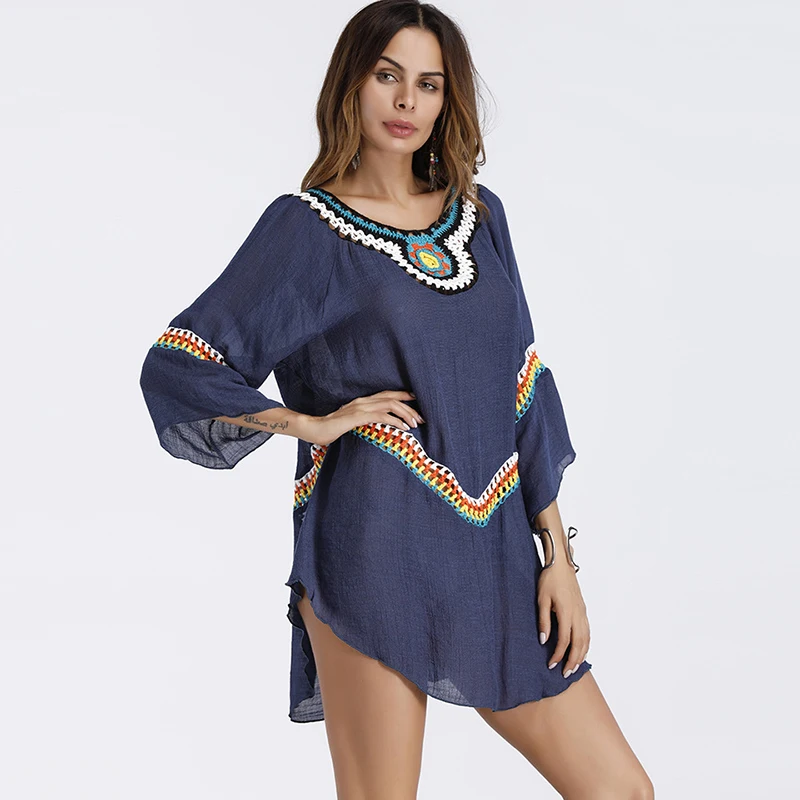 Повседневное Boho футболка Для женщин лето хлопок вышивка белый цвет желтый синий