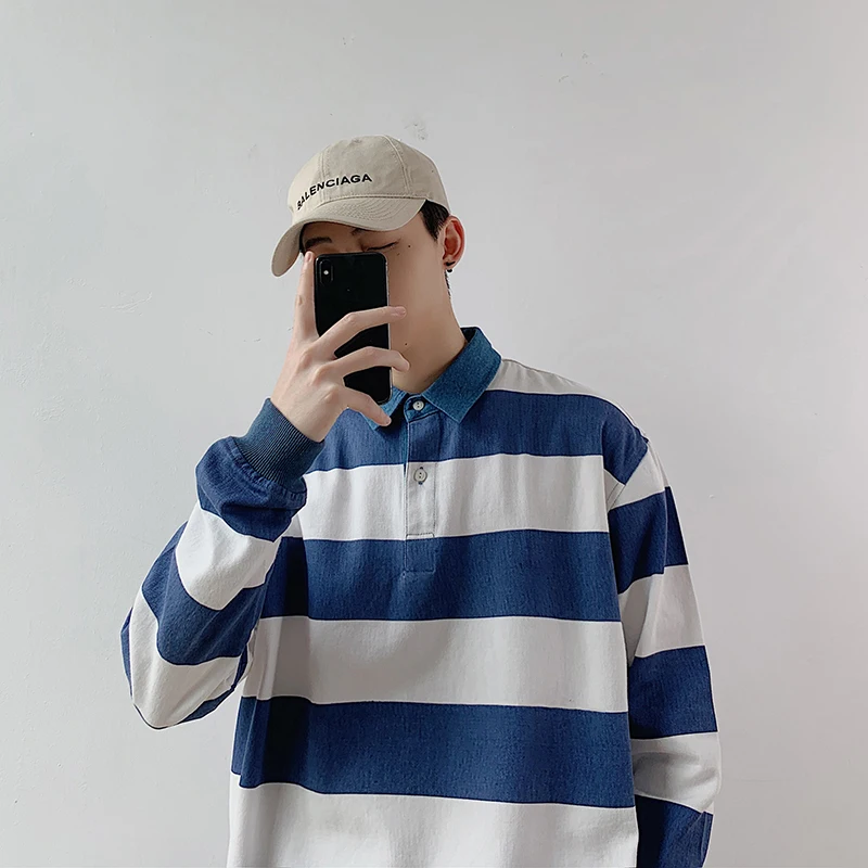 

2019 Autumn Men's Blue White Stripe Printing Outerwear Cowboy Lapel Loose Male Coat Casual Clothes Hoodies Cotton Sweatshirts