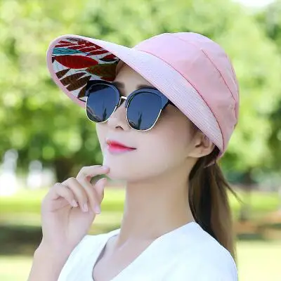 Хит, 1 шт, женские летние солнцезащитные шляпы, жемчужные, складывающиеся, солнцезащитный козырек, шляпа с большими головами, с широкими полями, пляжная шляпа, женская кепка с защитой от ультрафиолета - Цвет: pink