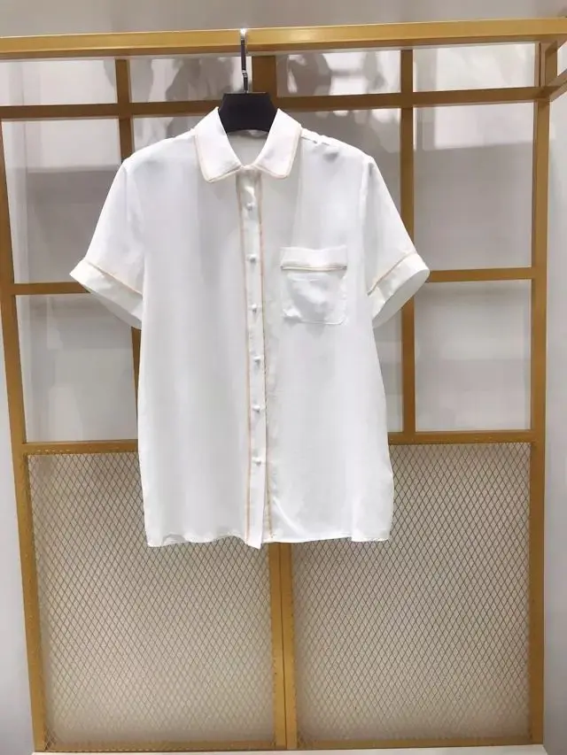 

Women Shirt 2019 Summer New Edging Lapel Single Pocket Silk Short-sleeved Shirt