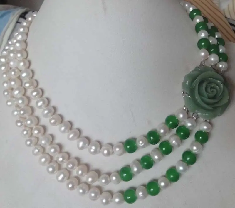 

zj 00057 3-row white pearls green jade necklace carved clasp