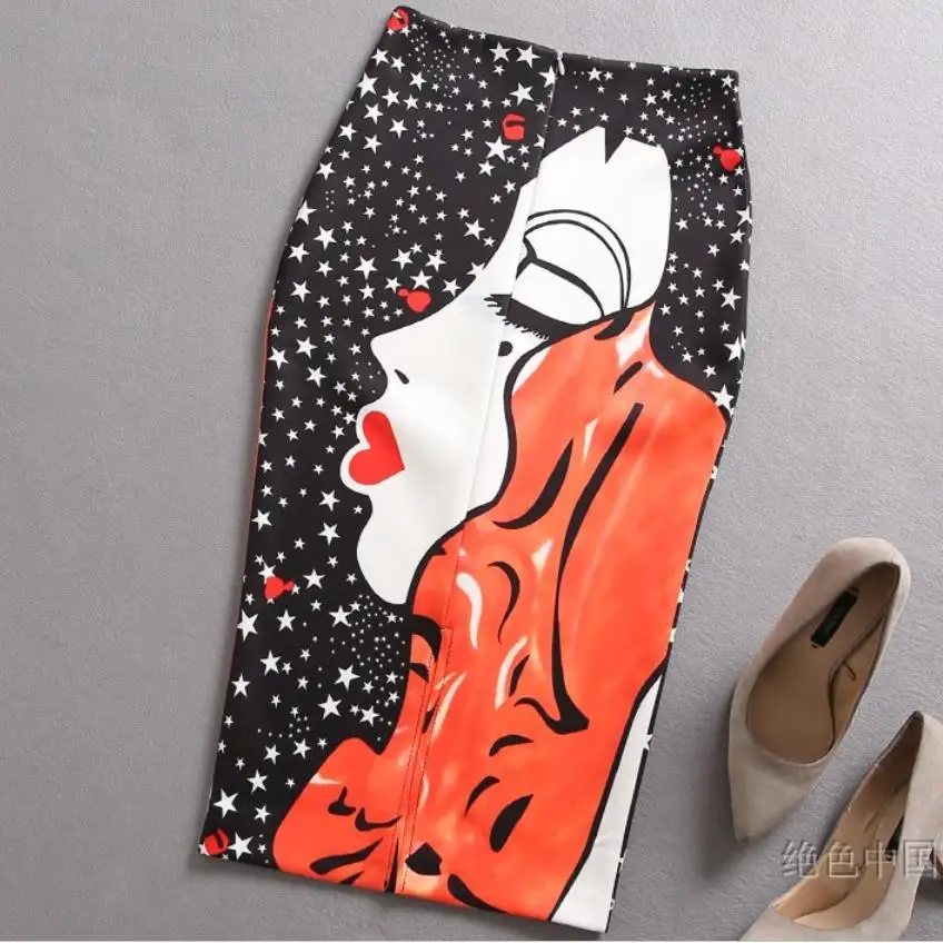 summer new vintage package hip printed skirt women high waist split pencil skirt