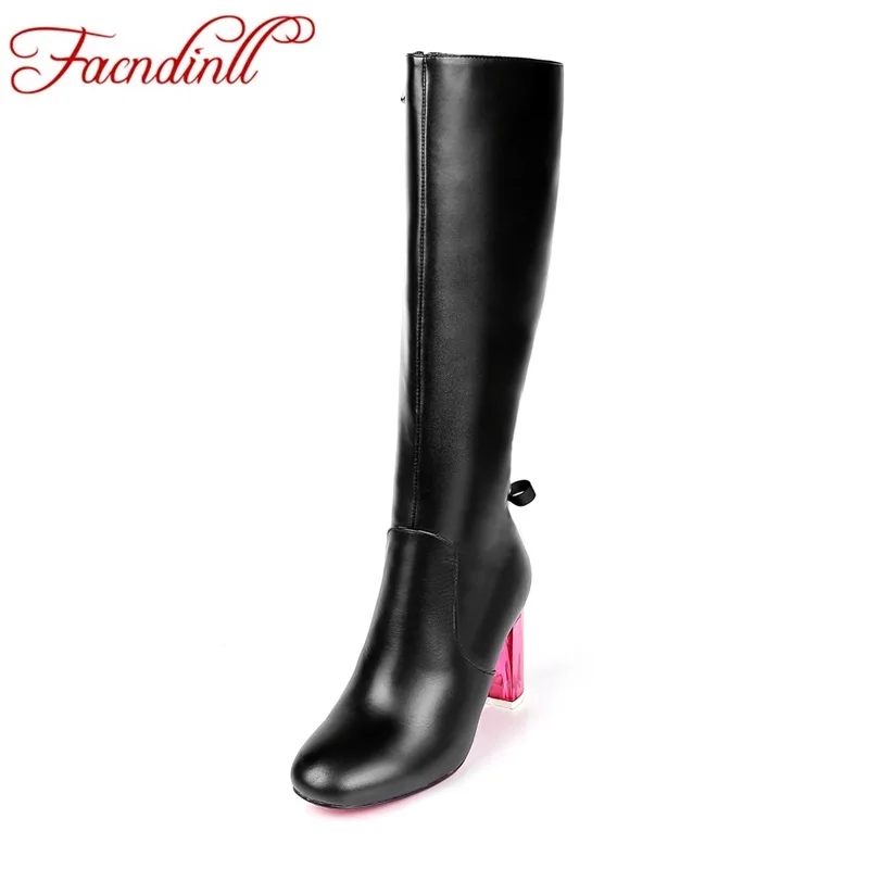 

FACNDINLLwomen winter boots fashion genuine leather + Pu transparent crystal high heel bow-tie brand boots women knee high boots
