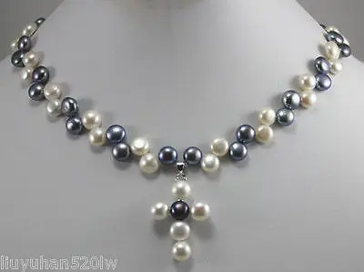 

FREE SHIPPING>@@> Hot sale &>>>>> 7-8mm beautiful black & white cultured Pearl cross Pendants Necklace