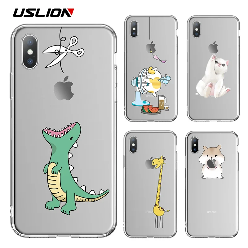 USLION Прозрачный чехол для iPhone 11 Pro Max 6 6s 7 8 Plus XS XR милый медведь динозавр мягкий X |