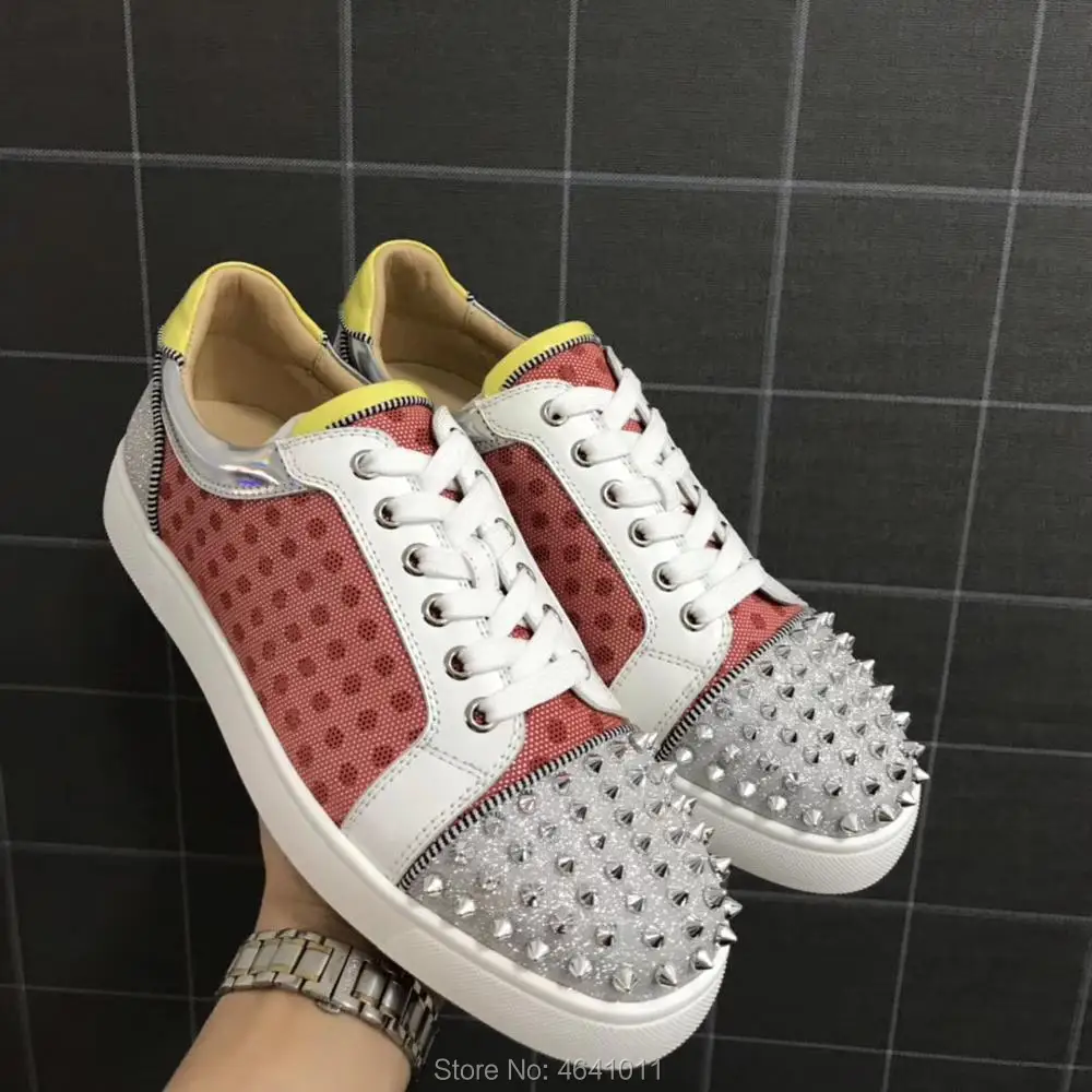 

Low Cut Sneakers Leisure cl andgz Lace Up Pink Net leather Silver Spikes Front Red bottoms For Men Shoes Flat Loafers Footwear