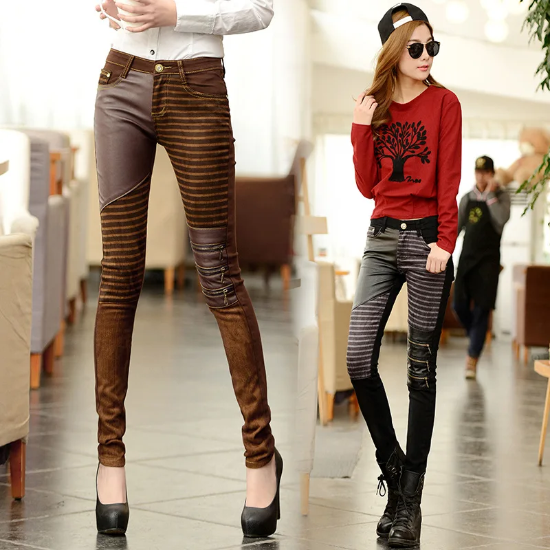 

Women PU leather patchwork jeans Skinny punk Pants Stylish Plus size Zippers trousers Female Denim jeans pencil pants for Ladies